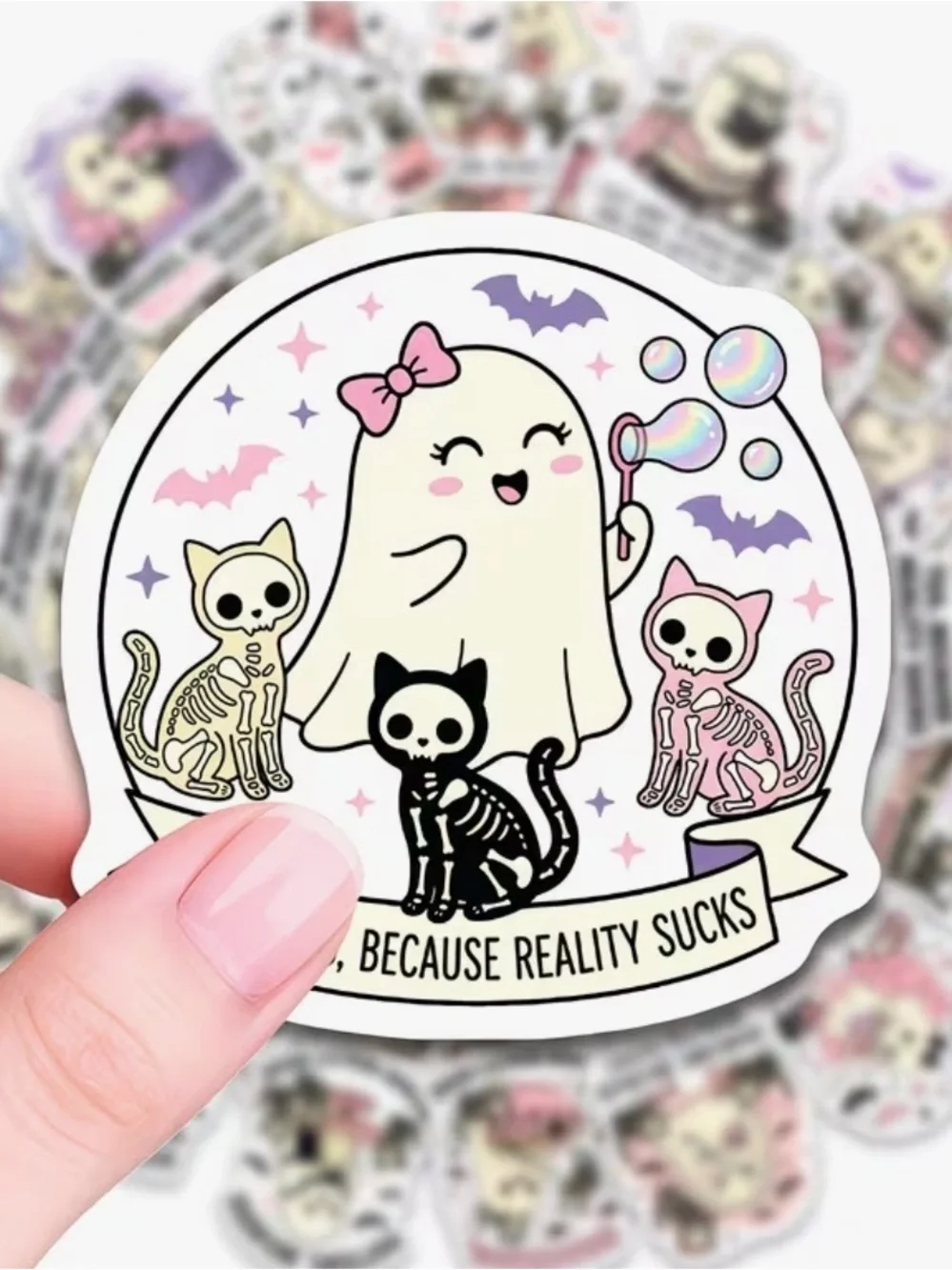 50 Cute Ghost & Her 3 Pet Cats Stickers Busy Kitty Because Reality Sucks' Pink